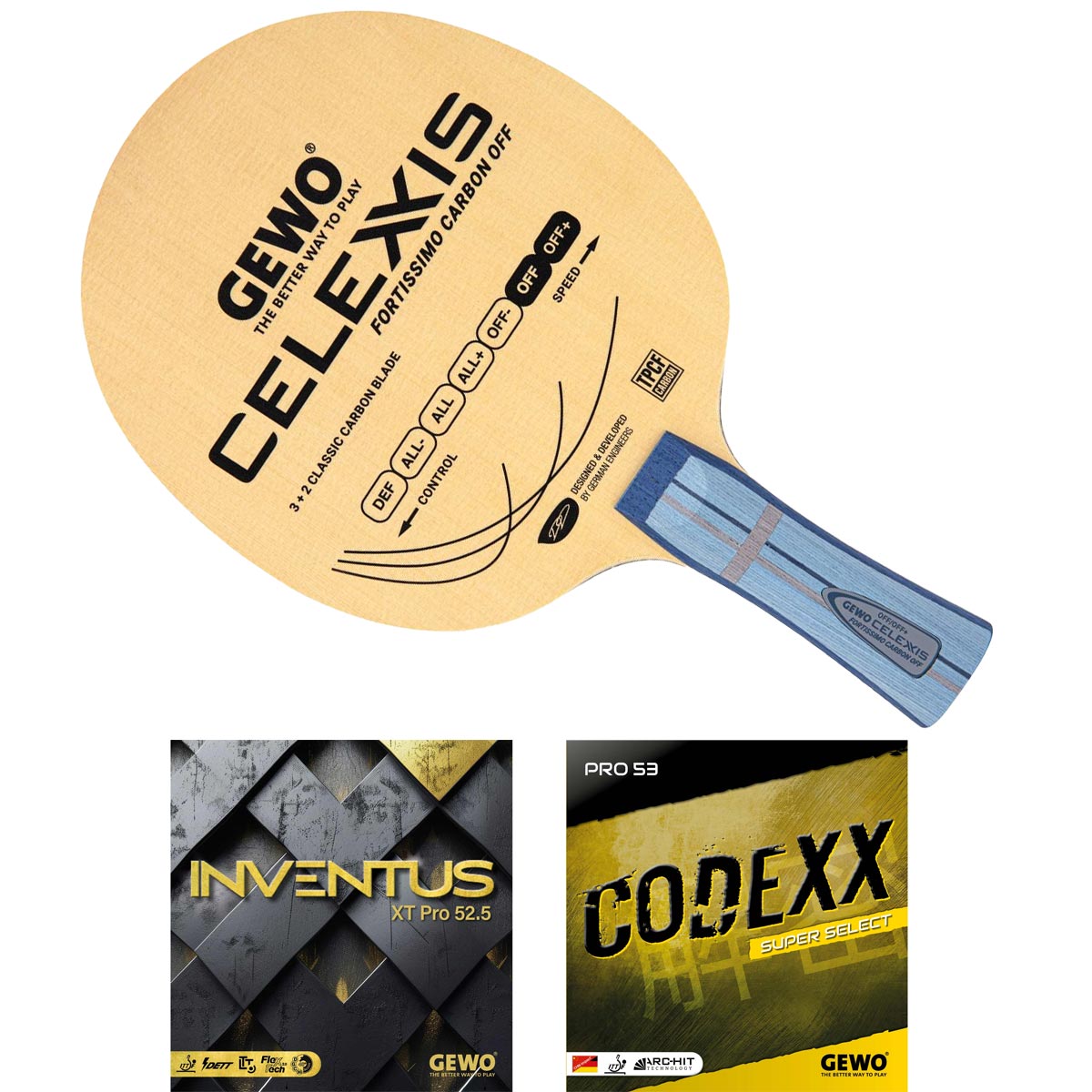 GEWO Schläger: Holz Celexxis Fortissimo Carbon OFF mit Inventus XT Pro52.5 + Codexx Pro53