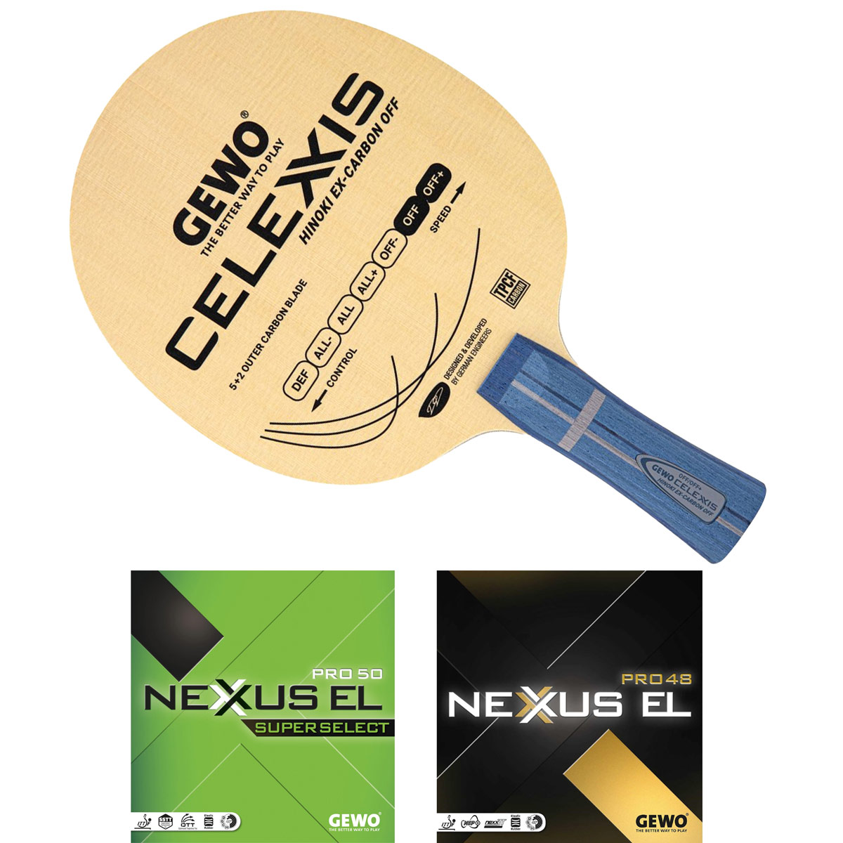 GEWO Schläger: Holz Celexxis Hinoki Ex-Carbon OFF mit Nexxus EL Pro 50 SuperSelect + 48